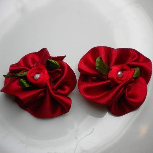 Duo de fleurs satin rouge et vert 25mm