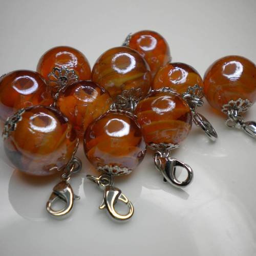 Perle en verre ambre (italie) breloque et fermoir mousqueton