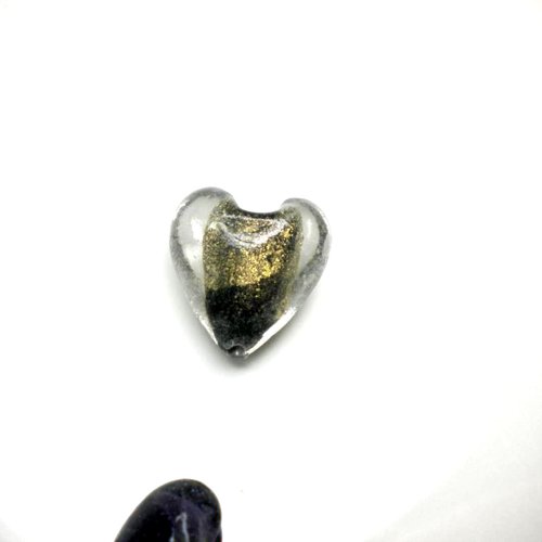Perle en verre coeur noir et feuille d'or