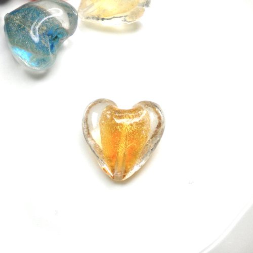 Perle en verre coeur orange et feuille d'or
