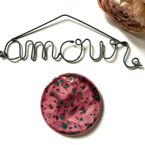 Pendentif rond en céramique moucheté mauve et turquoise 5cm