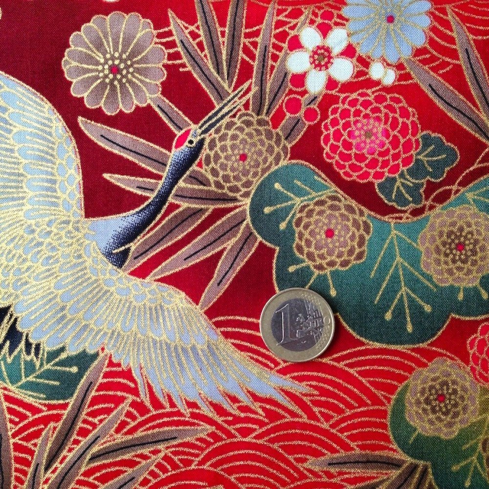  Tissu  japonais motif  traditionnel grue fond rouge coton 
