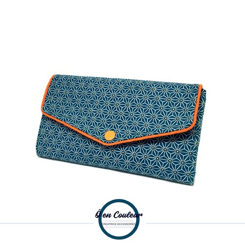 Portefeuille soufflet carte / chéquier / monnaie - asanoha bleu canard & orange