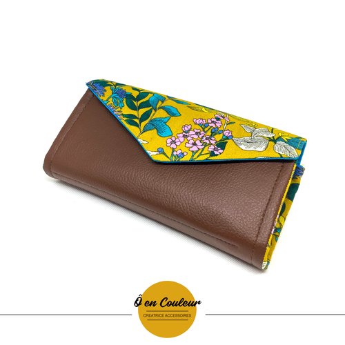 Compagnon portefeuille avec porte chéquier, carte et monnaie intégré -  glycine jaune moutarde et simili cuir camel