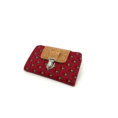 Petit portefeuille, compagnon femme, porte-carte, porte-monnaie motif japonais, pochette femme rouge, pochette colorée, portefeuille liège