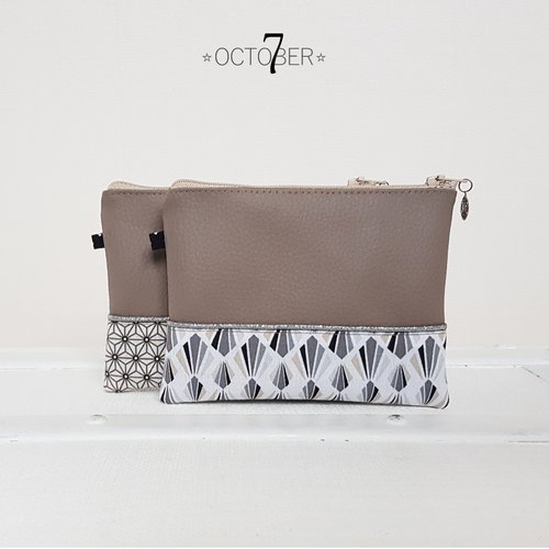 Pochette ☆ silver ☆ en simili cuir taupe et coton motif graphique - modèle n° 1