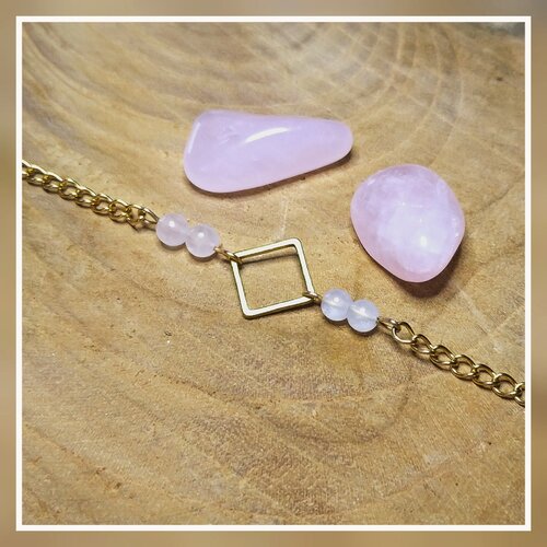 Bracelet losange &quot;amour&quot; en quartz rose vendu avec sa pierre naturelle. bijou bohème géométrique | lithothérapie