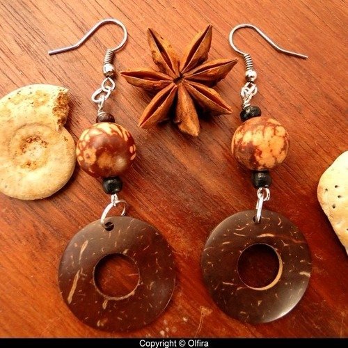 Boucles d'oreilles noix de coco, graines exotiques