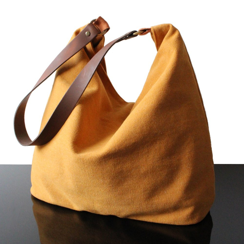 Sac porté épaule toile jaune avec anse en cuir véritable, sac fourre-tout pour femme, toile et cuir