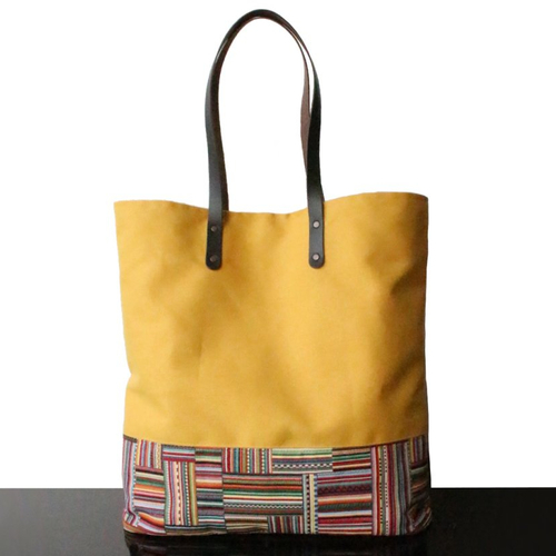 Cabas en toile jaune et tapisserie motif géométrique, anses cuir véritable, sac porté épaule pour elle
