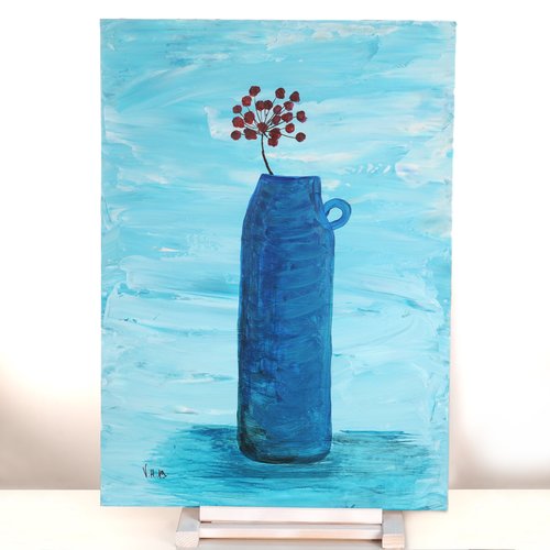 Peinture acrylique bleue et bouquet
