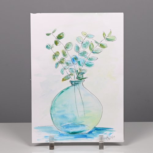 Aquarelle : branches d'eucalyptus dans un vase dame jeanne