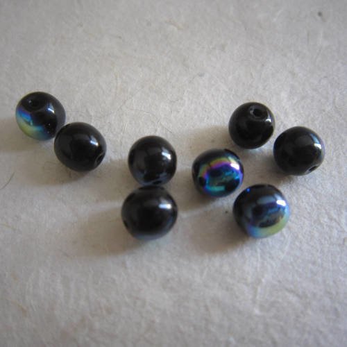 Perles rondes en verre noir à reflets métalliques bleu - 6 mm - lot de 8