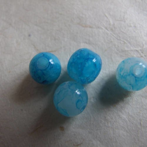 Perles rondes en verre bleu turquoise à marbrures, semi transparent - lot de 4