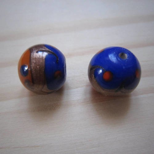 Perles rondes en verre bicolore bleu et orange, décor cuivré - lot de 2