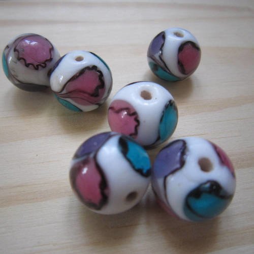 Perles rondes en verre blanc, motifs floraux turquoise, rose, violet et brun - lot de 2