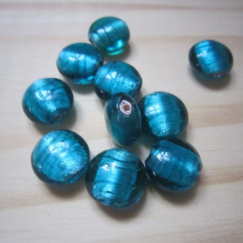 Perles de verre turquoise avec inclusion de feuilles d'argent - lot de 2
