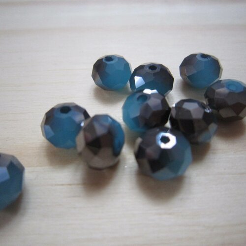 Perles en verre turquoise et gris métallique à facettes - lot de 10