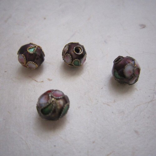 Perles rondes brunes en métal émaillé cloisonné