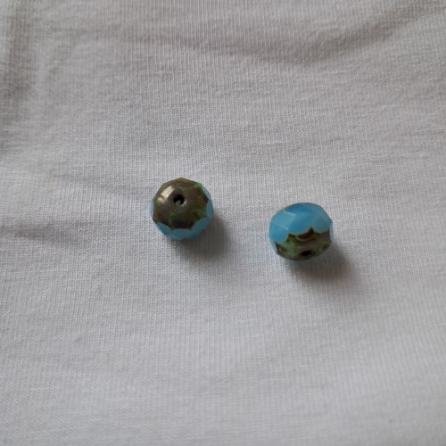 Perles bleu turquoise picasso à marbrures brunes et vertes en verre à facettes - lot de 2