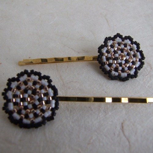 Barrettes à cheveux (bijoux de cheveux) en perles miyuki - motifs de rosace noire, blanche et dorée