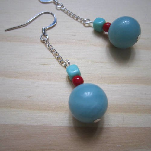 Boucles d'oreille en perles turquoise et rouges 