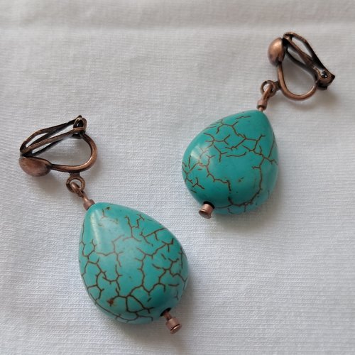 Boucles d'oreille clips goutte turquoise et cuivré