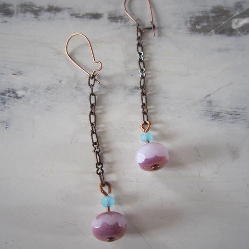 Ph_boucles d'oreille en perles de verre rose et bleu, monture cuivrée