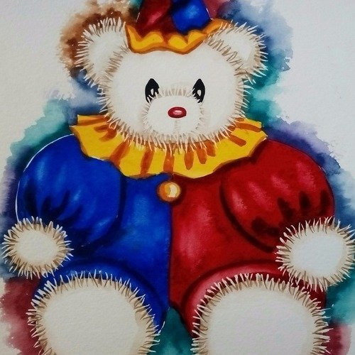 Aquarelle peluche "tomtom", l'ours clown
