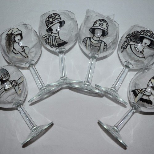 6 verres à vin ballons peints femmes des années 20 en blanc et