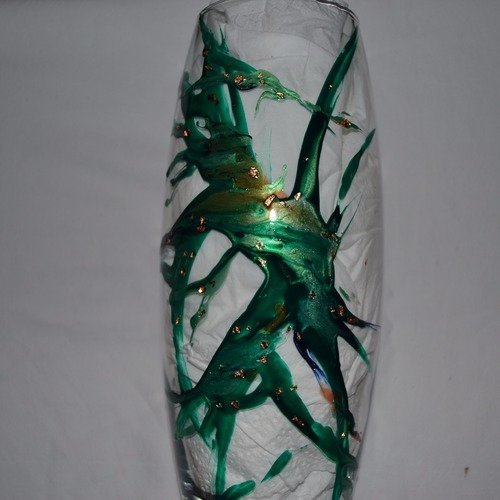 Vase en verre peint style murano vert émeraude et cuivre