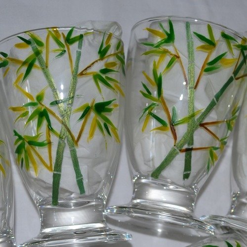 6 verres ou coupes peints à la main "les bambous"