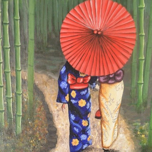 Tableau acrylique japon "les deux japonaises à l'ombrelle rouge"