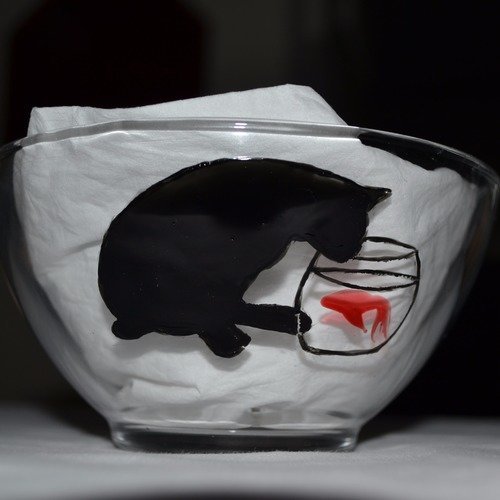 Bol, tasse en verre peinte "le chat et le poisson rouge"