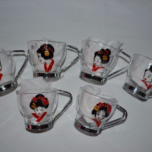 6 tasses expresso en verre et inox peintes "les geishas rouge et or"