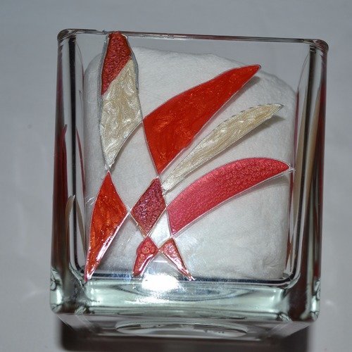 Photophore, pot à coton ou vase cube en verre peint motifs graphiques saumon et blanc nacré