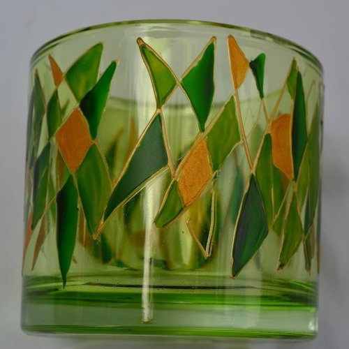 Photophore, pot à coton, petit vase cylindre en verre vert peint motifs graphiques, vert et doré