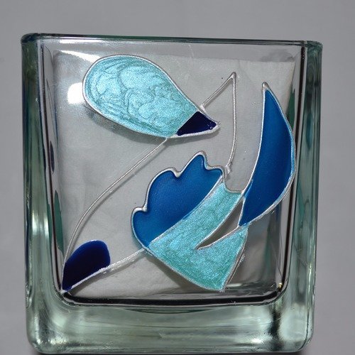 Photophore, pot à coton cube en verre peint motifs graphiques, turquoise et bleu azur