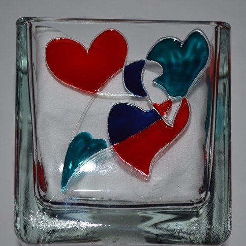 Photophore, pot à coton cube en verre peint motifs coeurs, rouge,turquoise et bleu nuit