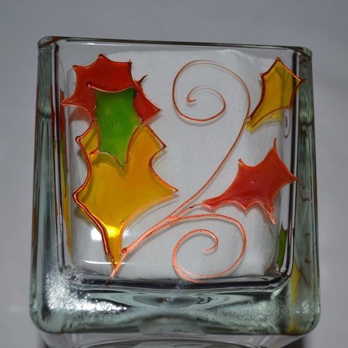 Photophore, pot à coton, petit vase cube en verre peint motifs houx orange, jaune et vert