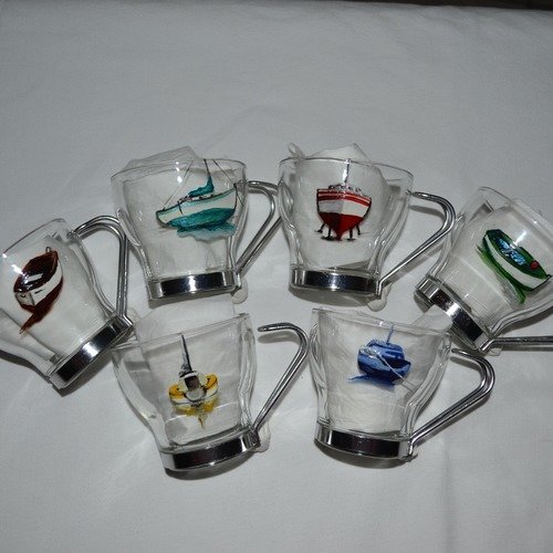 6 tasses expresso en verre peintes bateaux multicolores