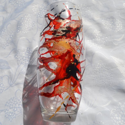 Vase en verre peint style murano rouge, noir et doré