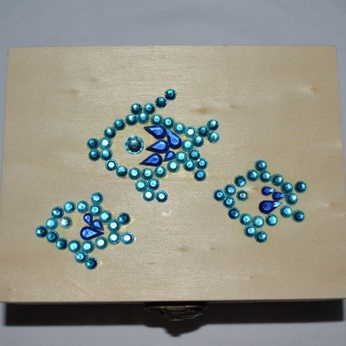Boite à bijoux en bois décorée strass "les 3 poissons bleus"