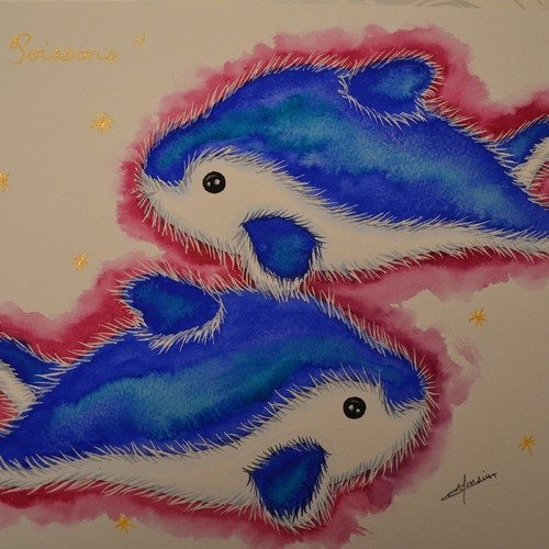 Signe du zodiaque, aquarelle peluche "poissons"