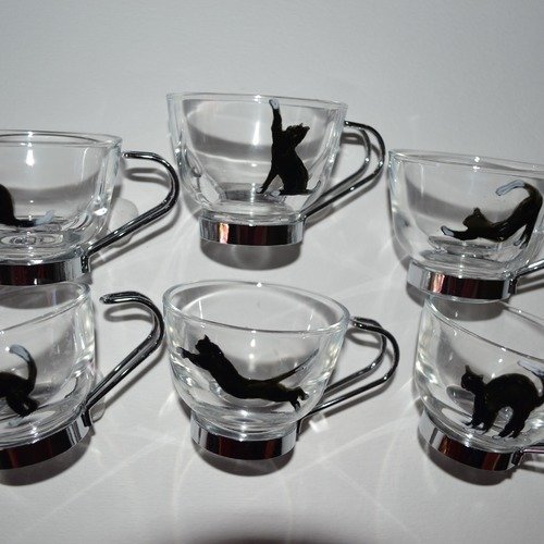 6 tasses expresso en verre peintes "chats noir et blanc"