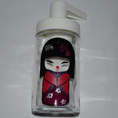 Distributeur de savon liquide, produit vaisselle en verre peint "poupée kokeshi" salle de bains, cuisine