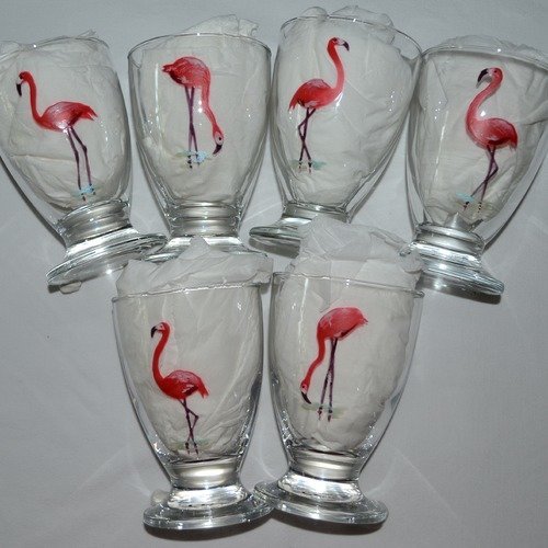 6 verres ou coupes peints à la main "flamants roses"