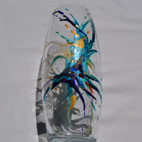 Vase en verre peint style murano turquoise et doré