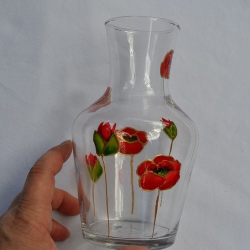 Vase, carafe en verre peint "coquelicots rouge et or"