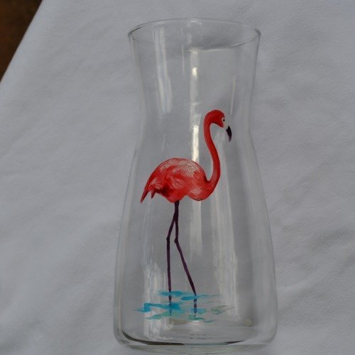 Vase, carafe en verre peint "flamant rose"